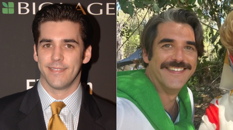 Split image of Jordan Bridges at a 2006 event, left, and in a 2024 selfie from the set of Palm Royale, right