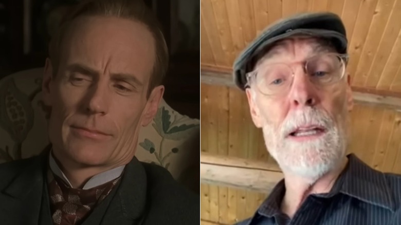Split image of Matt Frewer in a Sherlock Holmes movie and in a 2024 Instagram convention-related reel, right