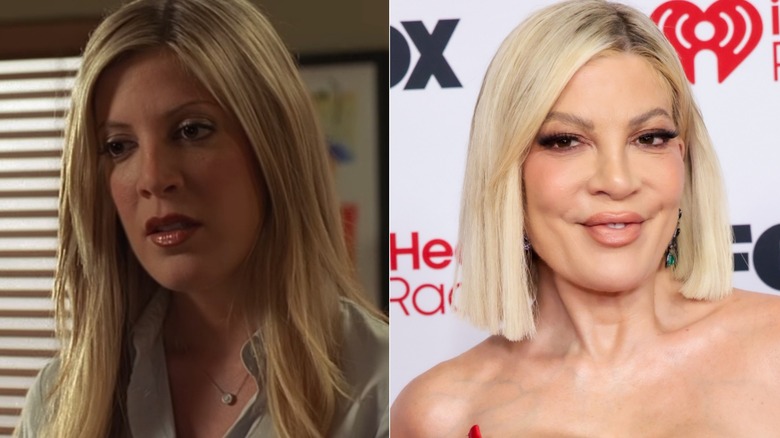 Split image of Tori Spelling in A Carol Christmas, and at a 2026 event, right