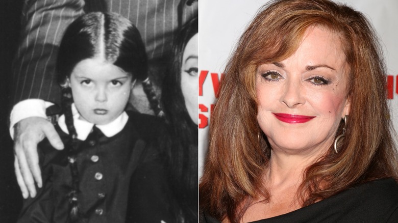 Split image of Lisa Loring in an Addams Family photo, left, and at a 2016 event, right