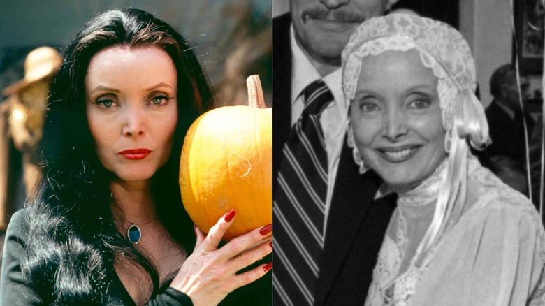 Split image of actress Carolyn Jones in an Addams publicity photo, left, and at her wedding in the 1980s, right