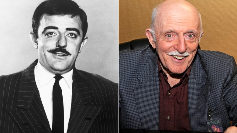 Split image of actor John Astin, then, left, and now, right