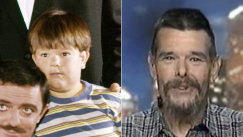 Split image of Ken Weatherwax in an Addams Family publicity photo, left, and during a 2000s-era interview, right