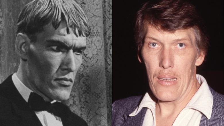 Split image of Ted Cassidy on The Addams Family, left, and at a 1978 Hollywood Christmas event, right