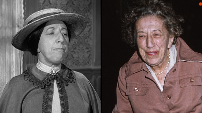 Split image of Margaret Hamilton as Granny Frump, left, and off camera circa 1982, right