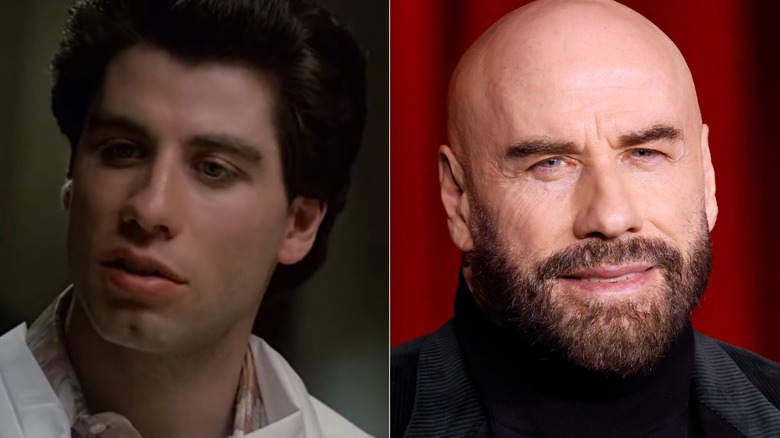 John Travolta in Saturday Night Fever, left, and decades later, right