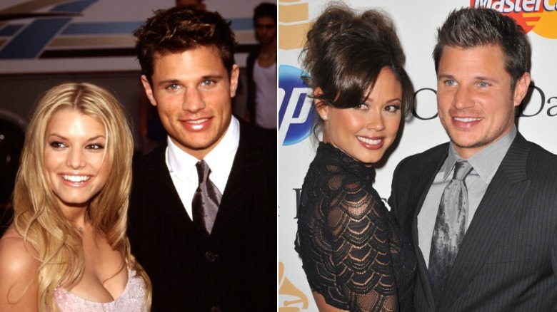 Jessica Simpson smiling with Nick Lachey, Vanessa Lachey embracing Nick Lachey