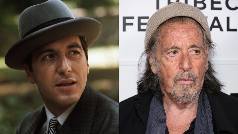 A split image of Al Pacino in The Godfather in 1972 and at a 2026 event