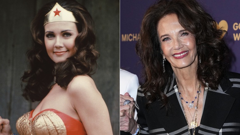 Lynda Carter in Wodner Woman duds circa 1975 and at a 2025 event