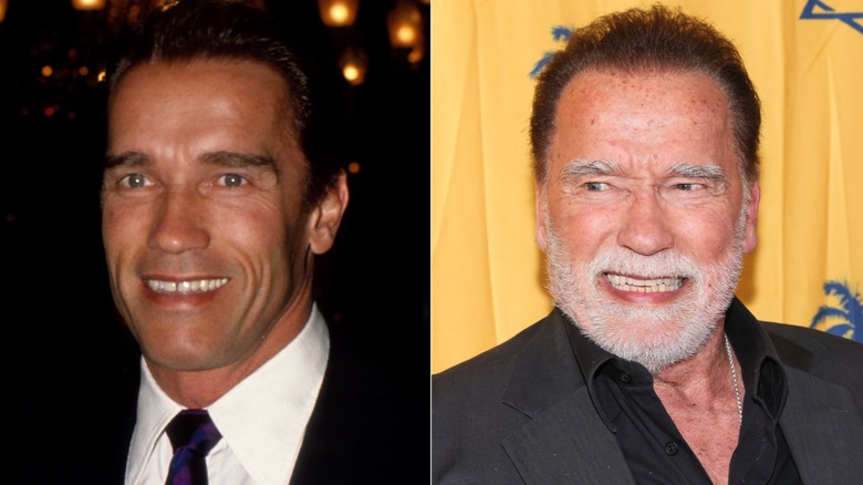 Arnold Schwarzenegger in New York circa 1989, left, and at a 2026 event, right