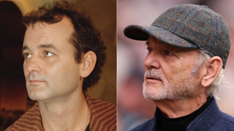 Bill Murray at the 1984 Ghostbusters premiere, left, and on the links in the 2020s, right