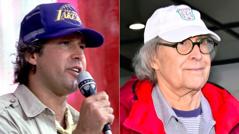 Chevy Chase at Live Aid in 1985, left, and on the streets in 2025, right