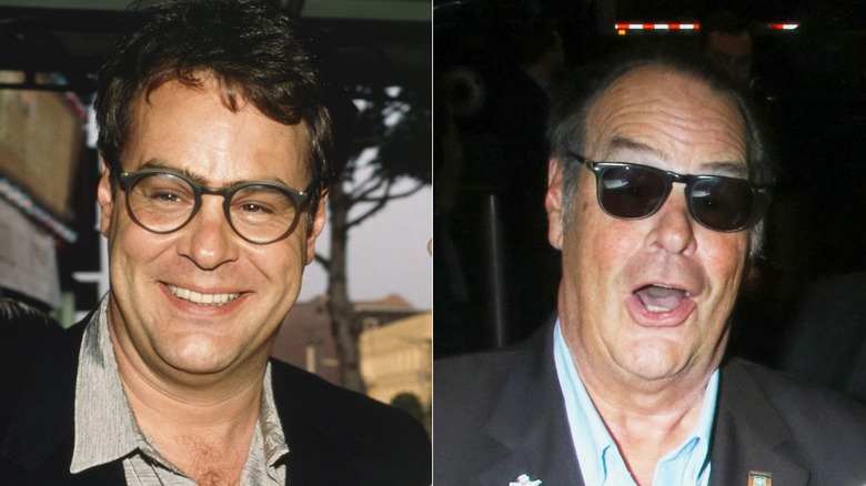 Dan Aykroyd at the 1989 Ghostbusters II premiere, left, and arriving for a segment on CBS Mornings in 2024, right