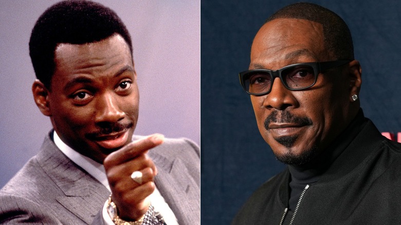 Split image of Eddie Murphy circa 1986, left, and at the 2025 Being Eddie premiere, right