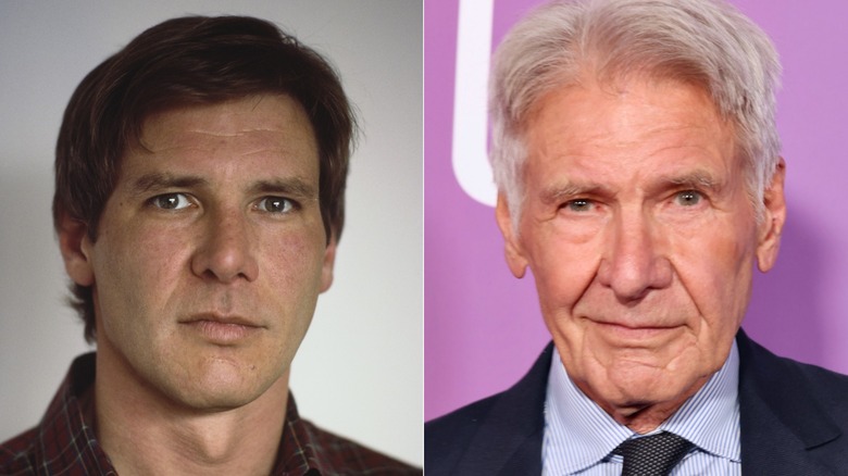 Split image of Harrison Ford circa 1985, left, and on a 2025 red carpet, right