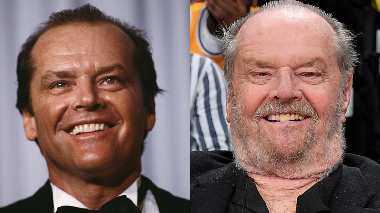 Jack Nicholson circa 1984, left, and at a 2023 NBA game, right
