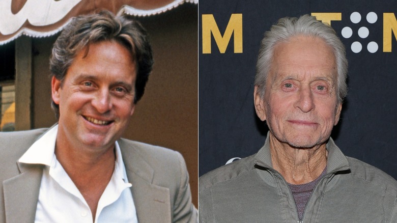 Michael Douglas posing for photos circa 1985, left, and 2026, right