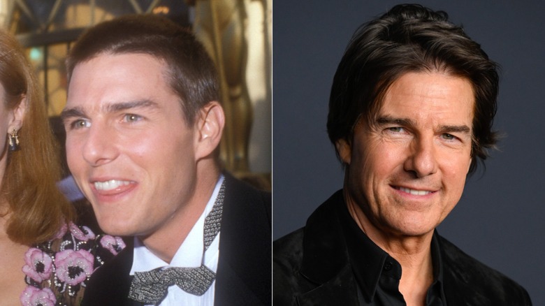 Split image of Tom Cruise on a 1989 red carpet, left, and at CinemaCon 2026, right