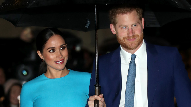 Meghan Markle and Prince Harry smiling under umbrella