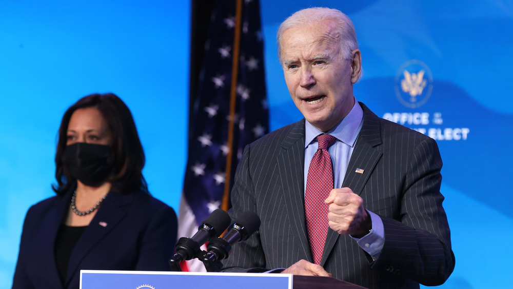 Joe Biden at the podium with Kamala Harris