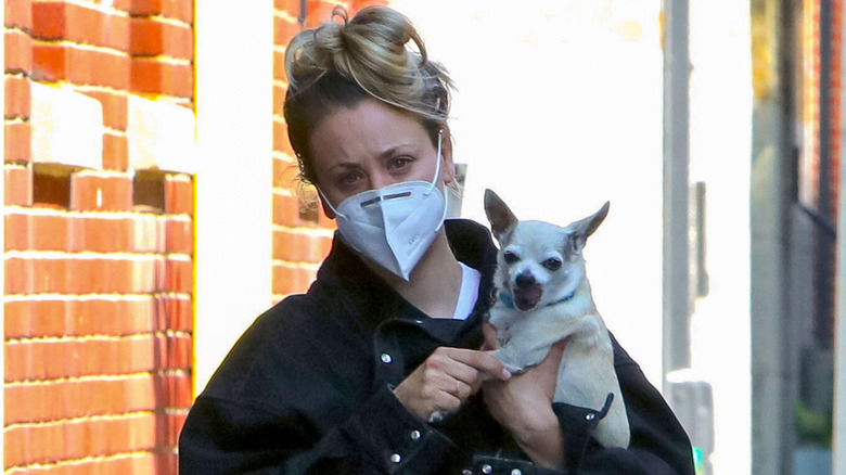 Kaley Cuoco wearing a face mask while holding a small dog