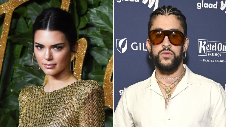 Kendall Jenner and Bad Bunny posing, composite image