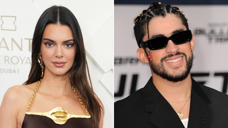Kendall Jenner and Bad Bunny posing, composite image