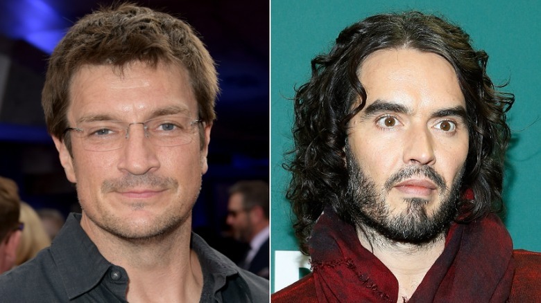 Nathan Fillion smiling, Russell Brand staring