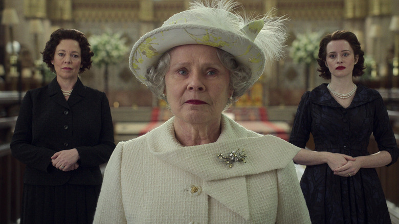 Olivia Colman, Imelda Staunton, and Claire Foy in a scene from The Crown