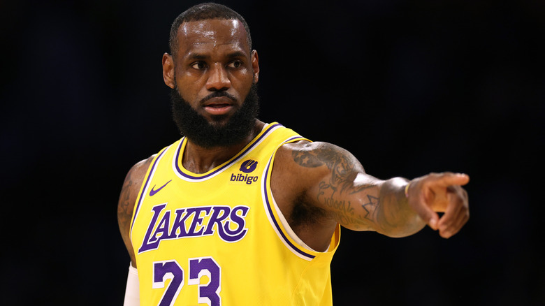 LeBron James pointing in Lakers uniform