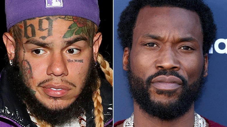 Tekashi 6ix9ine looking annoyed, Meek Mill looking mean