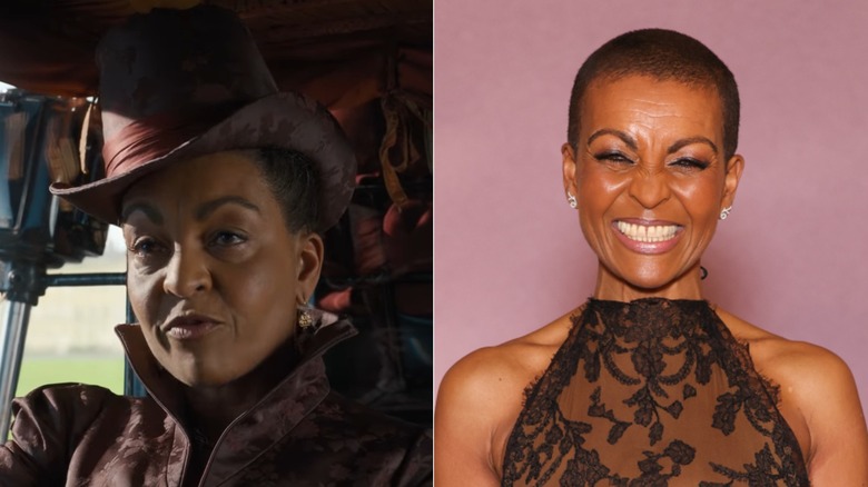 Adjoa Andoh as Lady Agatha Danbury in Bridgerton, left, Adjoa Andoh wearing a black lace sleeveless high necked gown and silver stud earrings, right