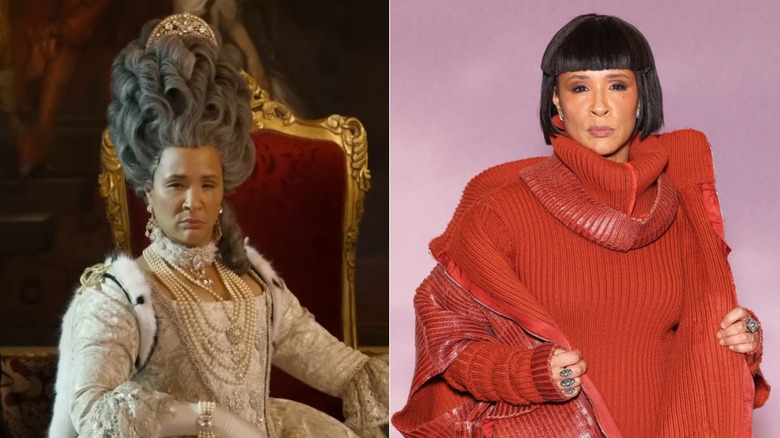 Golda Rosheuvel as Queen Charlotte in Bridgerton, left, Golda Rosheuvel wearing a blunt black bob wig and a red knit turtleneck gown with a red puffy jacket, right