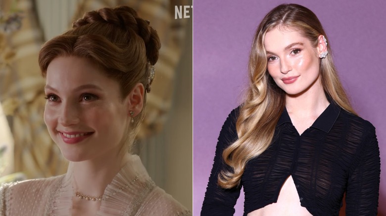 Hannah Dodd as Francesca Bridgerton in Bridgerton, left, Hannah Dodd wearing a black cropped sweater with a high cut in the midriff and long wavy blonde hair, right