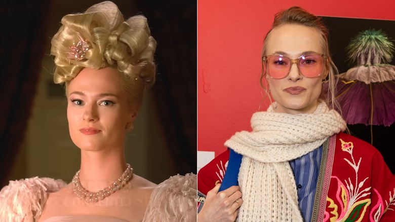 Jessica Madsen as Cressida Cowper in Bridgerton, left, Jessica Madsen wearing tinted sunglasses, white knit scarf, and multicolored floral sweater, right