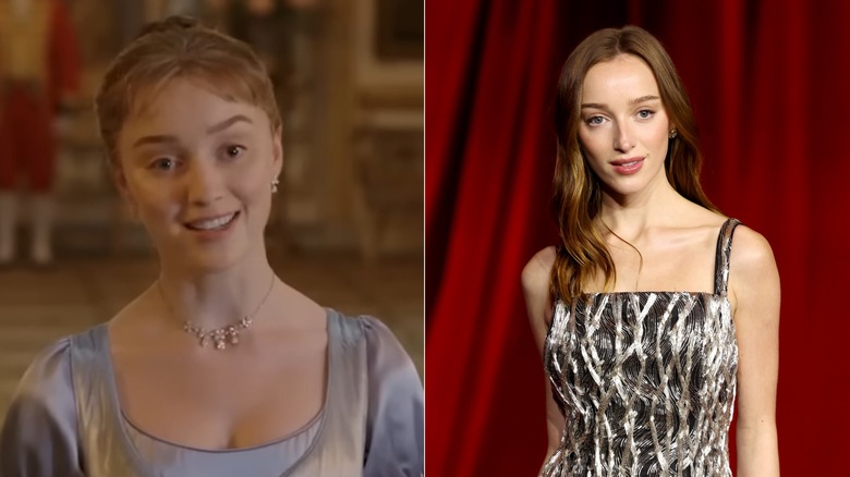 Phoebe Dynevor as Daphne Bridgerton in Bridgerton, left, Phoebe Dynevor wearing a black and silver embroidered gown with thin straps and light wavy auburn brown hair, right