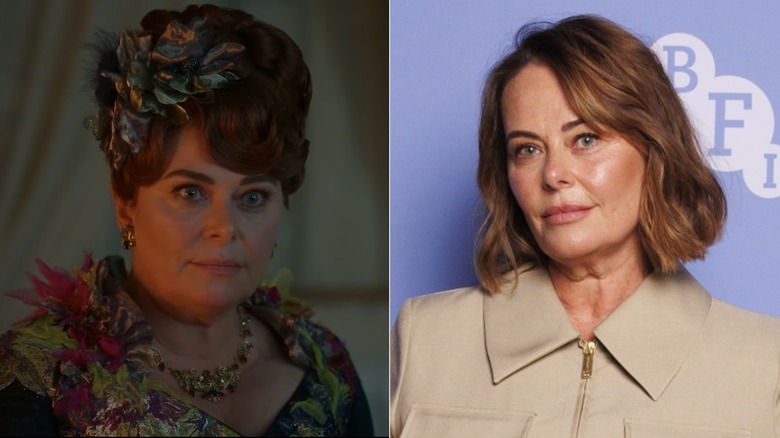 Polly Walker as Lady Portia Featherington in Bridgerton, left, Polly Walker wearing a tan collared zip up jacket with a short brown wavy bob, right