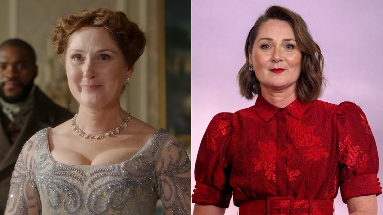 Ruth Gemmell as Lady Violet Bridgerton in Bridgerton, left, Ruth Gemmell in a red cowl neck gown with puffed sleeves and a floral pattern, right