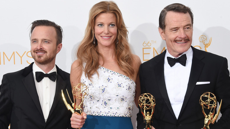 Aaron Paul, Anna Gunn, and Bryan Cranston on red carpet