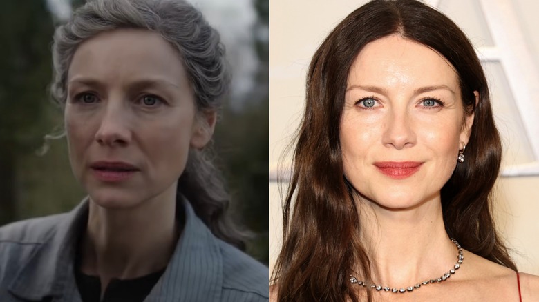 A split image of Caitriona Balfe as Claire Fraser, and at the Outlander Season 8 premiere