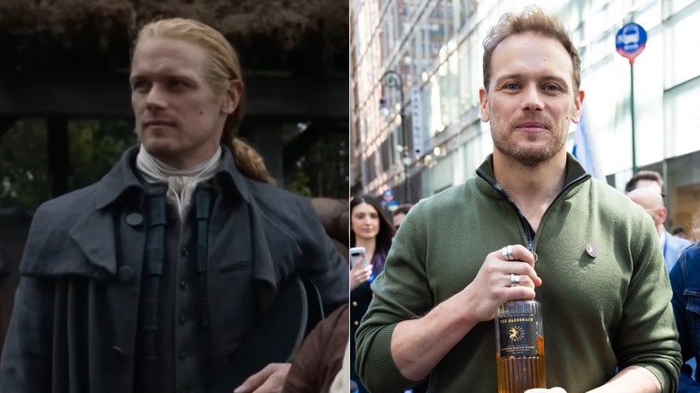 Sam Heughan as Jamie Fraser in Outlander and at the 2026 NYC Tartan Day Parade