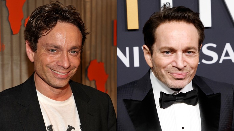Side-by-side image of Chris Kattan on the red carpet and at SNL50, years later.