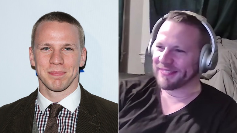 Split image of John Gammon at an event and on webcam in a room.