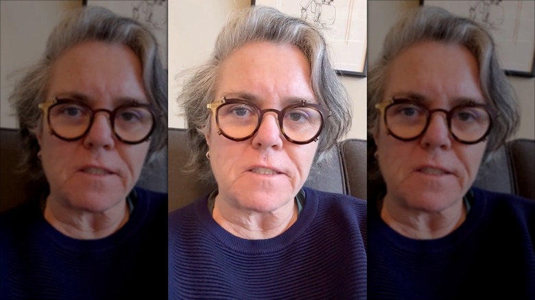 Makeup-free Rosie O'Donnell speaking in a TikTok video