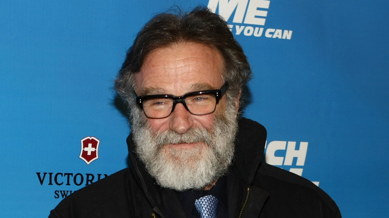 Robin Williams smiling at the opening night of "Catch Me If You Can" on Broadway