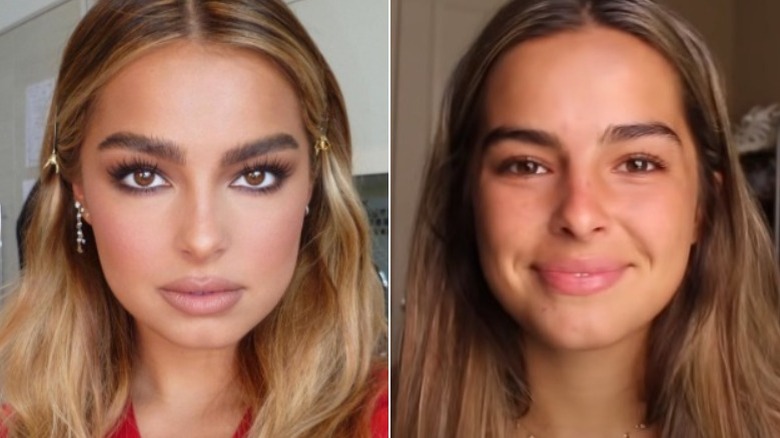 Addison Rae looking at camera with and without makeup