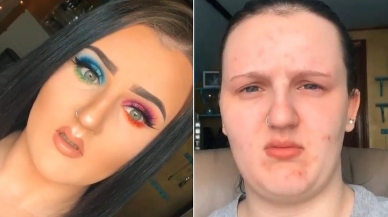 Mikayla Nogueira with colorful makeup and squinting without makeup