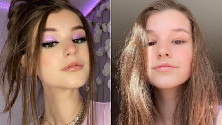 Brooke Monk with purple eyeshadow and without makeup