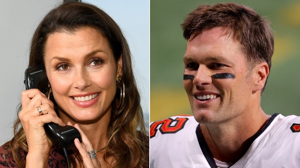 Bridget Moynahan smiling on the phone, Tom Brady smiling