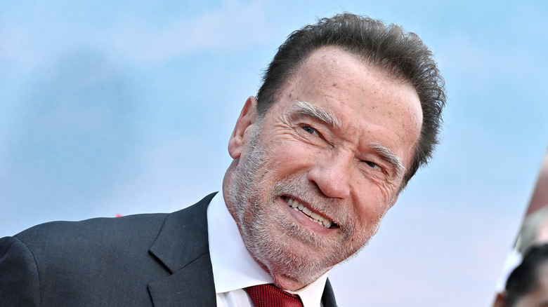 Arnold Schwarzenegger gray beard red tie